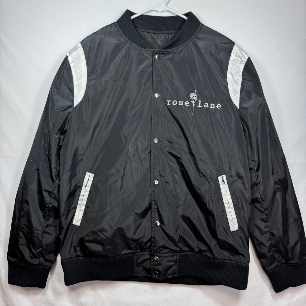 Rose Lane Satin Black Bomber‎ Jacket Snap Front Silver Accents Rose Mens Sz XL